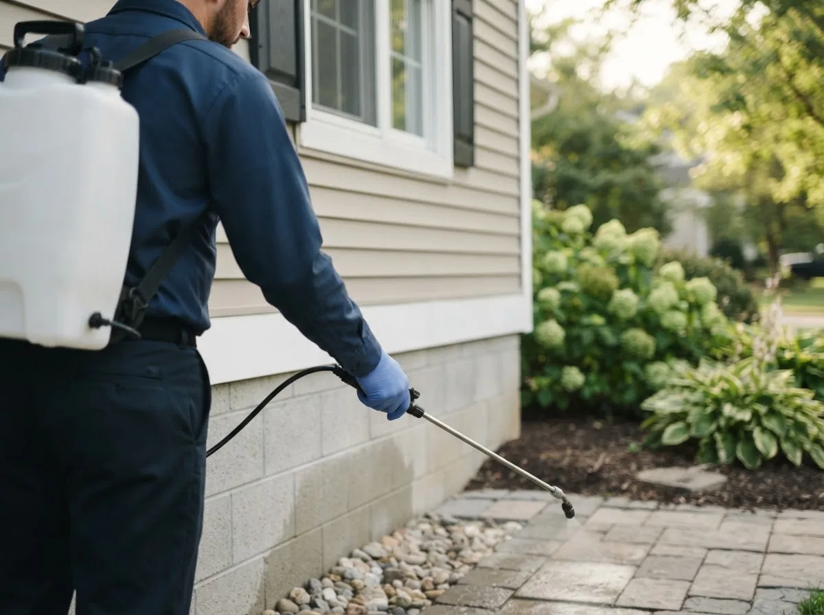 Pest control technician inspecting a home in Frankford, WV